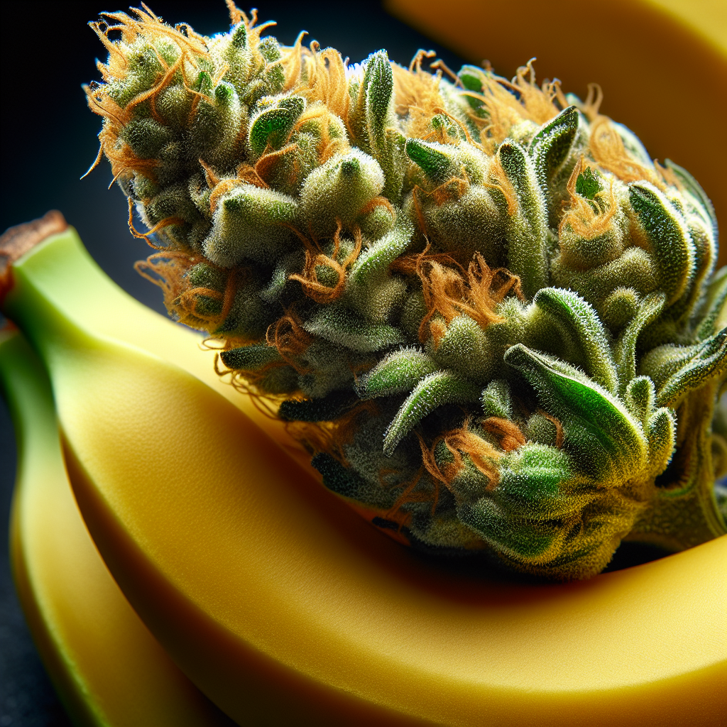 Banana Kush cannabis strain buds – Indica Hybrid with 18-25% THC, relaxing euphoric uplifting effects