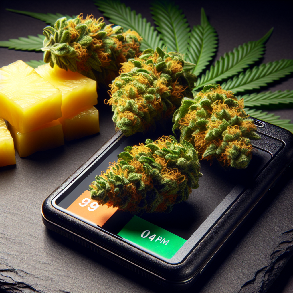 Pineapple Express cannabis strain buds – tropical Hybrid with 17-25% THC, energetic uplifting effects